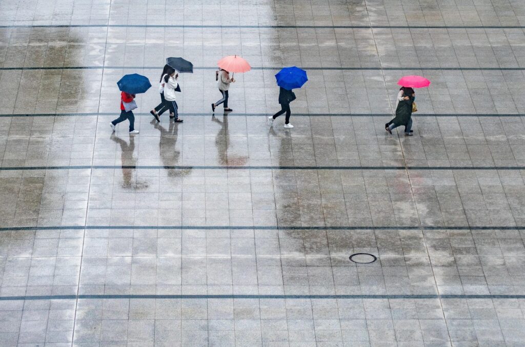 rain, nature, people, umbrellas, wet, weather, thunderstorm